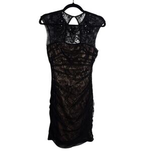 BEBE Vintage 2000s Lace Dress w/ Tan Lining Beaded Neckline and Keyhole Back XS
